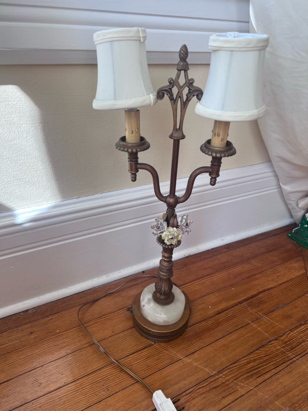 Vintage-Style Brass Double Lamp with White Shades and porcelain flowers -